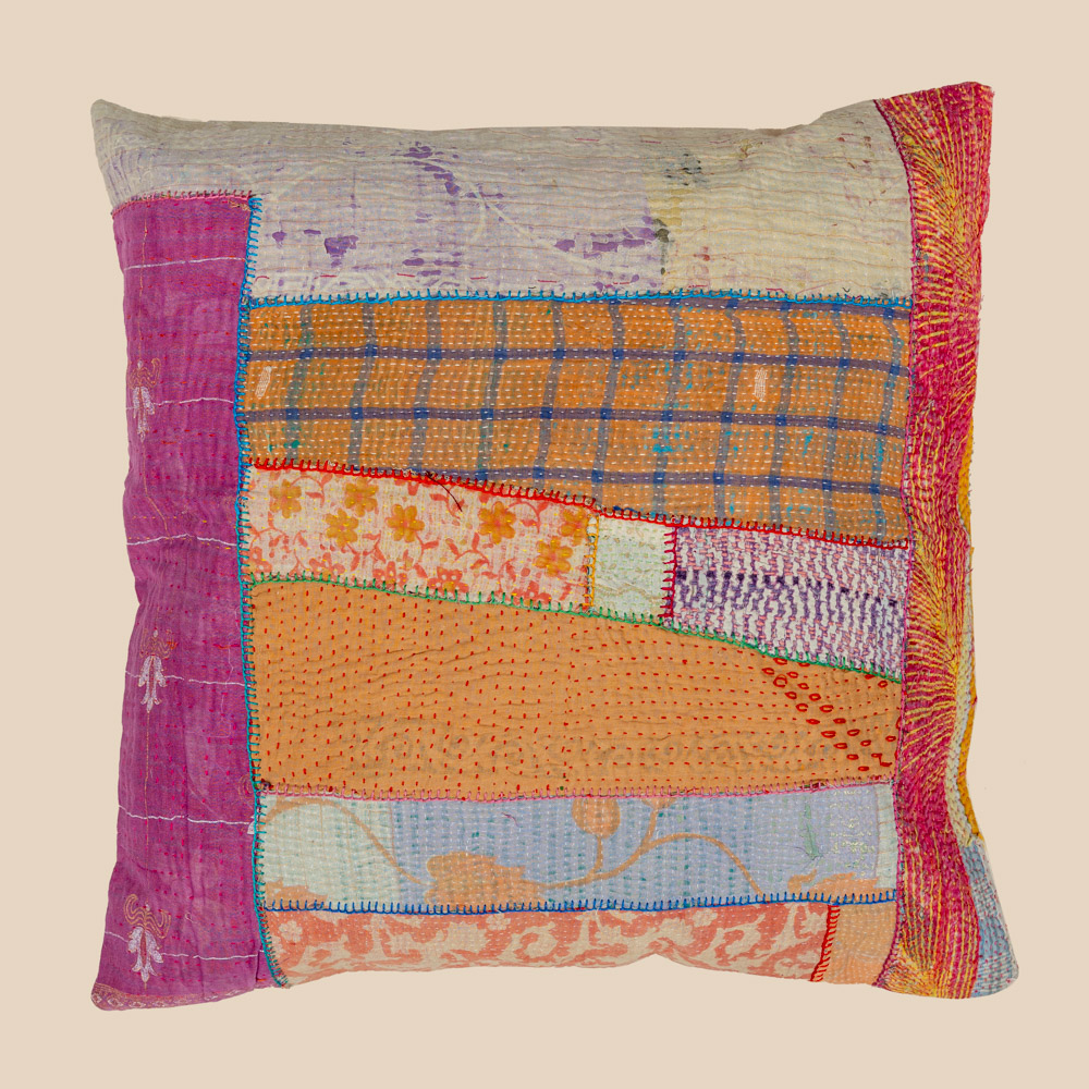 Colorful vintage kantha pillow 50x50 made from recycled Indian cotton | patchwork kantha kussen | boho cushion for sofa, garden, terrace or bohemian interior