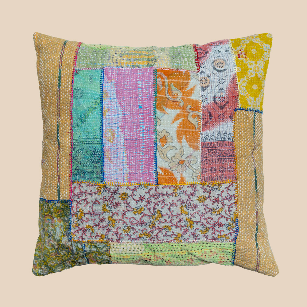 Handmade vintage kantha cushion 50x50 | patchwork sierkussen uit India van gerecycled katoen | colorful boho pillow for sofa, garden seating, terrace decor