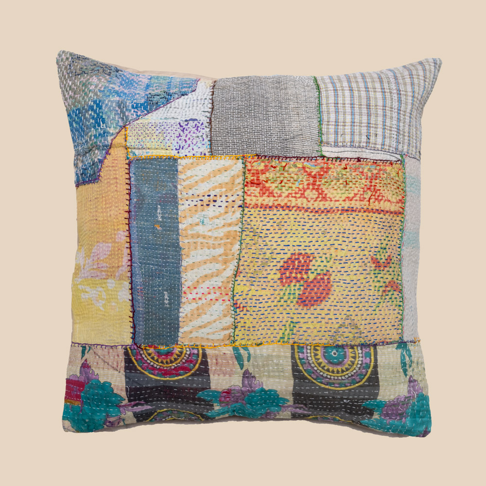 Colorful vintage kantha pillow 50x50 made from recycled Indian cotton | patchwork kantha kussen | boho cushion for sofa, garden, terrace or bohemian interior