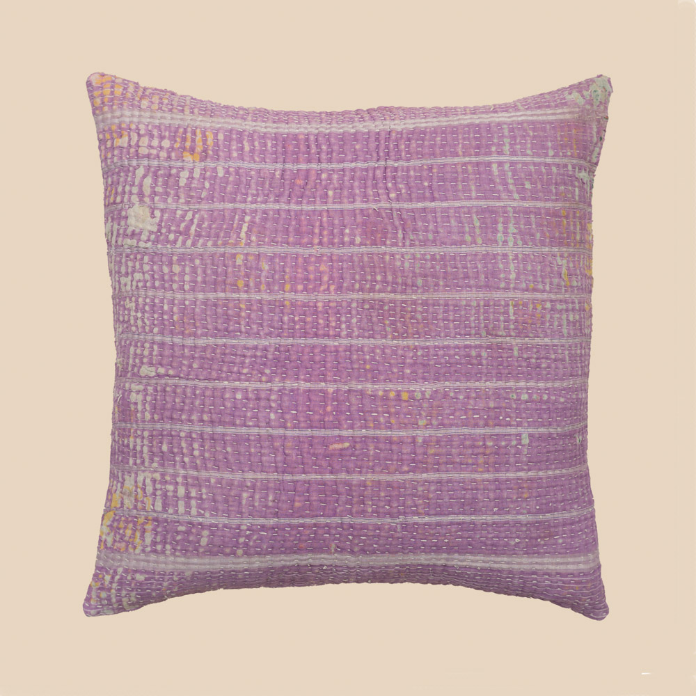Vintage Kantha cushion in a single faded colour with visible hand stitching and soft texture.