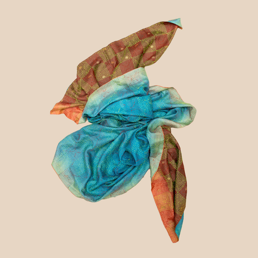 Vintage Banjara scarf made from soft sari fabric with layered colours and delicate embroidery.