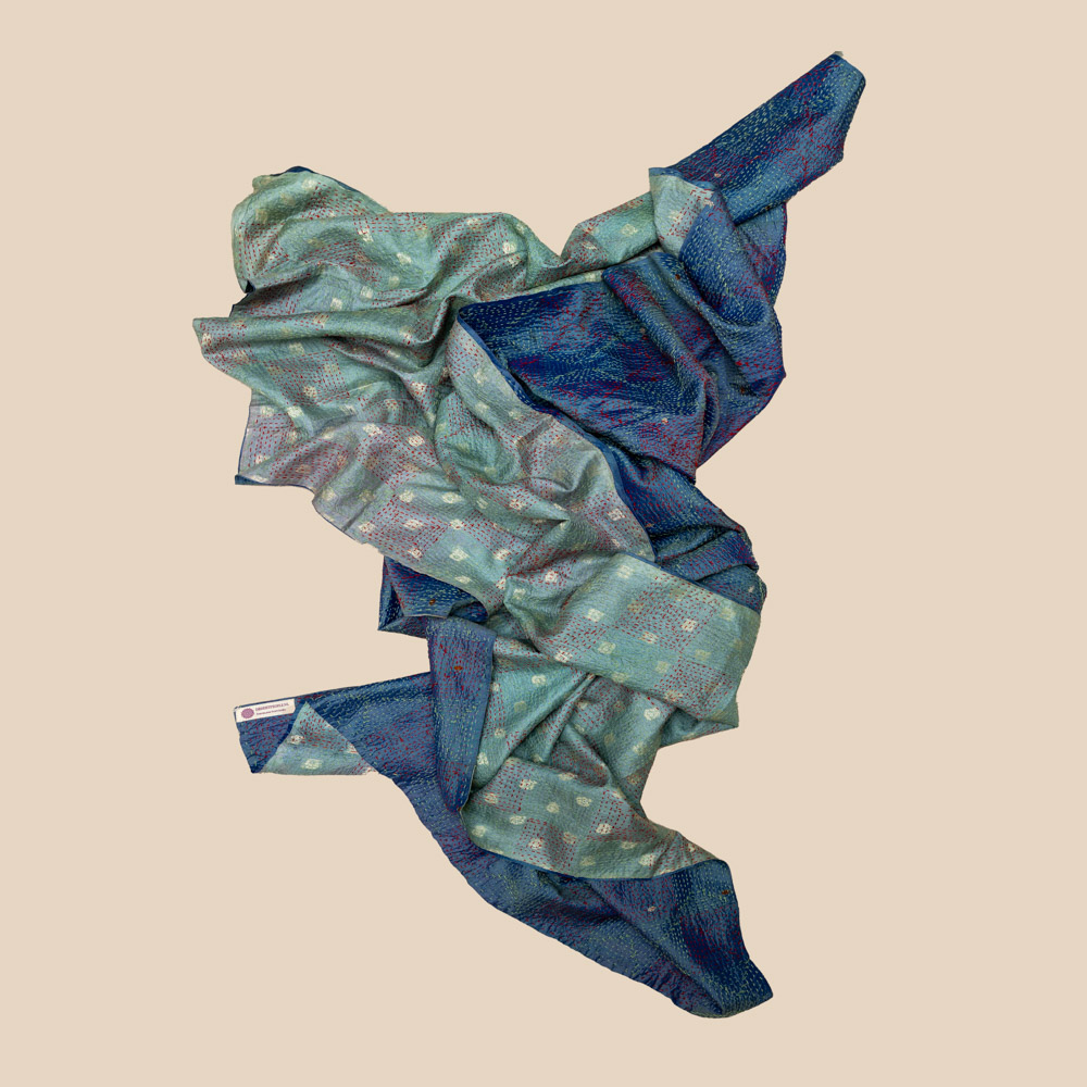 Vintage Banjara scarf made from soft sari fabric with layered colours and delicate embroidery.