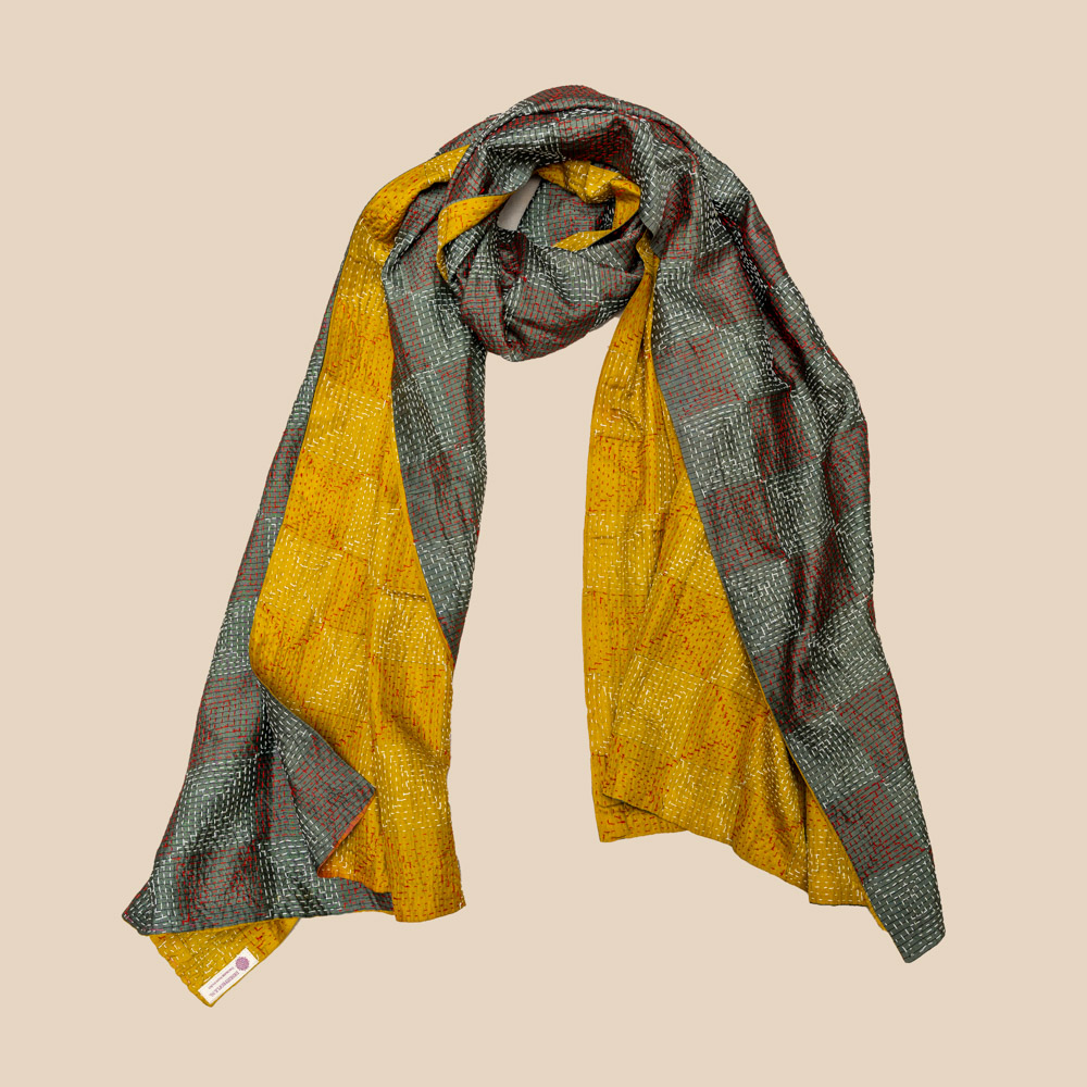 Vintage Banjara scarf made from soft sari fabric with layered colours and delicate embroidery.